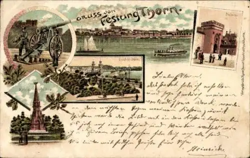 Litho Toruń Thorn Westpreußen, Panorama, Eisenbahnbrücke, Kriegerdenkmal, Geschütz