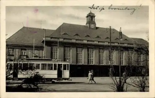 Ak Bydgoszcz Bromberg Westpreußen, Hauptbahnhof, Straßenbahn