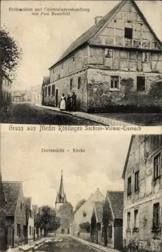 Ak Röblingen am See Mansfelder Land, Teilansicht, Kirche, Restauration u. Kolonialwarenhandlung