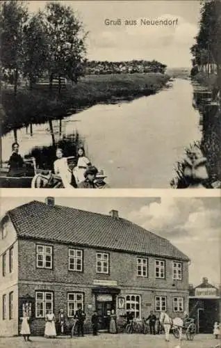 Ak Neuendorf bei Elmshorn Schleswig Holstein, Straßenpartie, Gebäude, Anwohner, Fluss