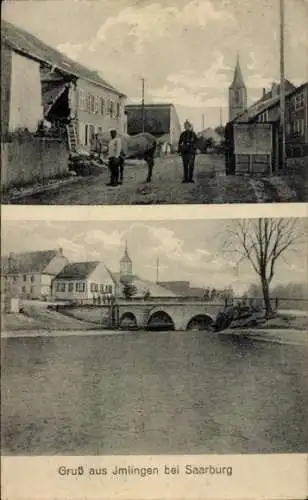 Ak Imling Imlingen Moselle, Teilansichten, Soldat auf Dorfstraße, Brücke