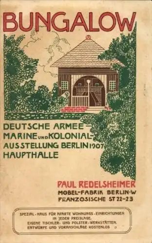 Künstler Ak Berlin, Reklame Bungalow, Deutsche Armee-Marine und Kolonialausstellung 1907, Haupthalle