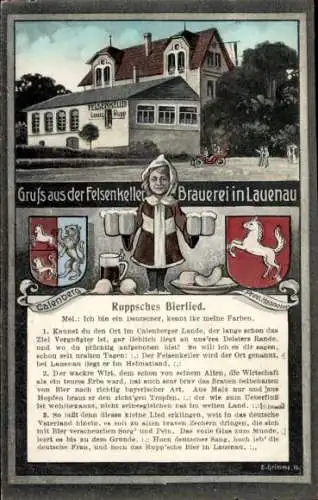 Ak Lauenau in Niedersachsen, Felsenkeller Brauerei Louis Rupp, Bierkrüge, Wappen, Ruppsches Bierlied