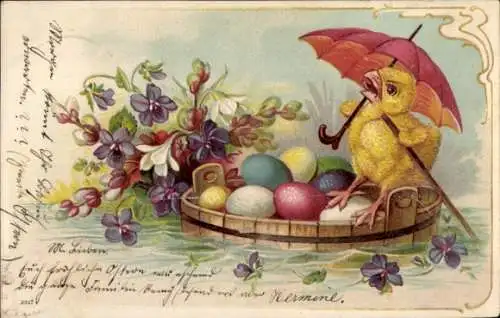 Litho Ostern, Küken mit Schirm, Ostereier