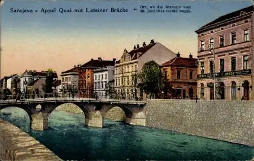 Ak Sarajevo Bosnien Herzegowina, Appel Quai, Lateiner Brücke, Ort des Attentats 1914