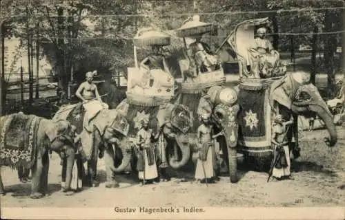 Ak Völkerschau, Gustav Hagenbecks Indien, Elefanten, Indische Tracht