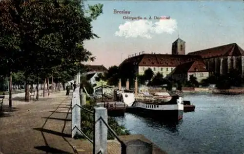 Ak Wrocław Breslau Schlesien, Oder an der Dominsel, Sandkirche, Anlegestelle