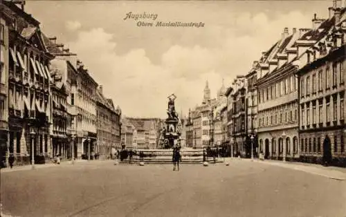 Ak Augsburg in Schwaben, obere Maximillianstraße, Brunnen