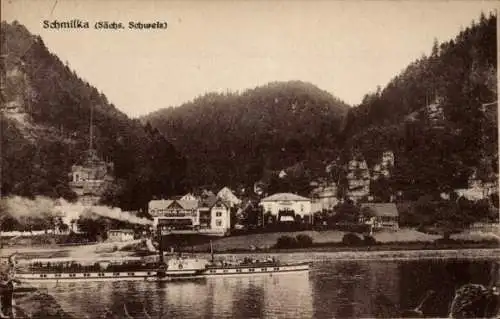 Ak Schmilka Bad Schandau Sächsische Schweiz, Gesamtansicht, Elbe, Dampfer