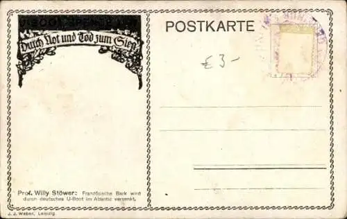 Künstler Ak Stöwer, Willy, Deutsches U Boot versenkt französische Bark, Atlantik, U-Boot Spende 1917