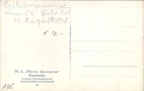 Ak Dampfer MS Monte Cervantes, Innenansicht, Rauchsalon, HSDG