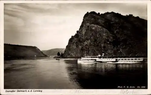 Ak Salondampfer Ostmark an der Loreley, Rheinpartie, Loreleyfelsen