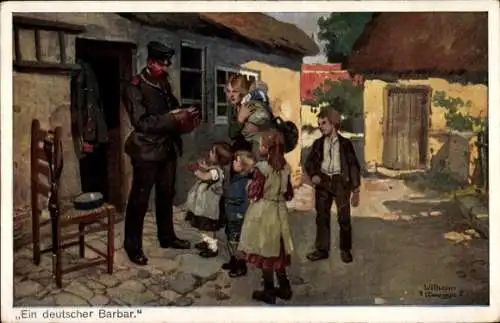 Künstler Ak Roegge, Wilhelm, Ein deutscher Barbar, Soldat, Mutter mit Kindern