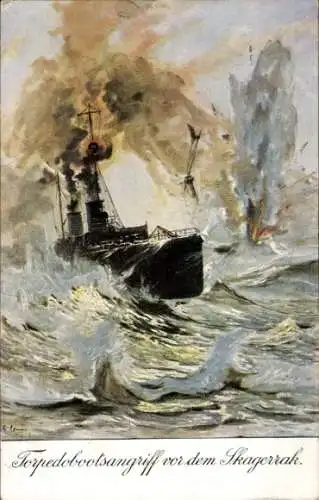 Künstler Ak Romin, Torpedobootsangriff vor dem Skagerrak, Seeschlacht, Kaiserliche Marine, I. WK