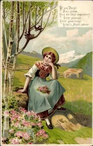 Litho Frau in bayrischer Tracht, Dirndl