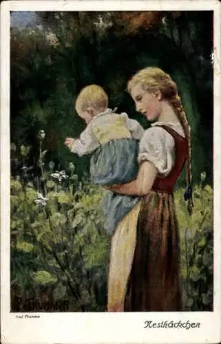 Künstler Ak Thumann, Nesthäkchen, Mädchen mit Baby