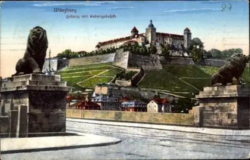 Ak Würzburg am Main Unterfranken, Festung Marienberg, Ludwigsbrücke Löwenbrücke