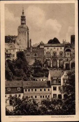 Ak Bautzen in der Lausitz, Blick vom Bürgergarten aus, Kirchturm, Bäckerei