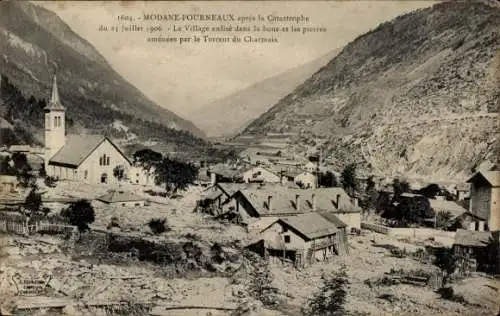 Ak Modane Fourneaux Savoie, Gesamtansicht nach der Katastrophe 23. Juli 1906