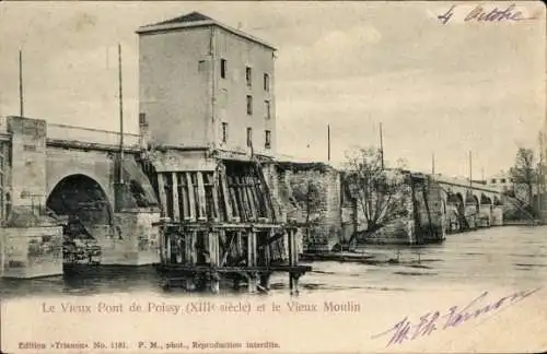 Ak Poissy Yvelines, Le Vieux Moulin, Kanal mit Brücke und Mühle