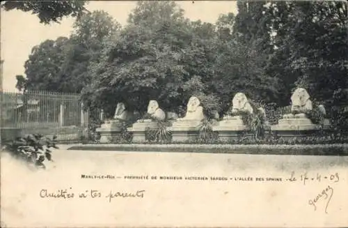 Ak Marly le Roi Yvelines, Propriete de Monsieur Victorien Sardou, L'Allee des Sphinx