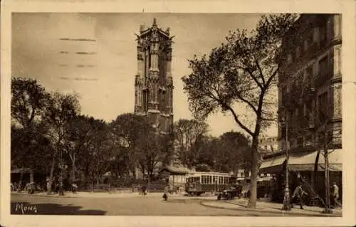 Ak Paris IV, Turm Saint Jacques hinter der Kirche