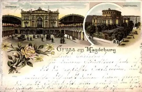 Litho Magdeburg in Sachsen Anhalt, Bahnhof, Frontalansicht, Stadttheater