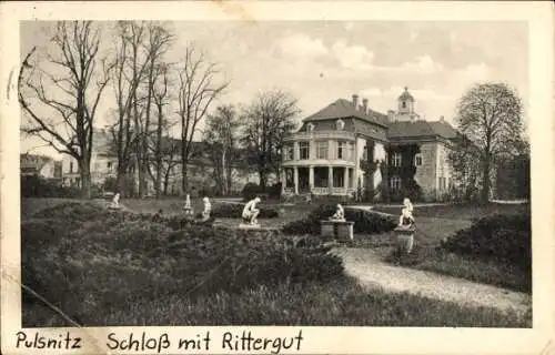 Ak Pulsnitz Sachsen, Schloss, Rittergut, Statuen