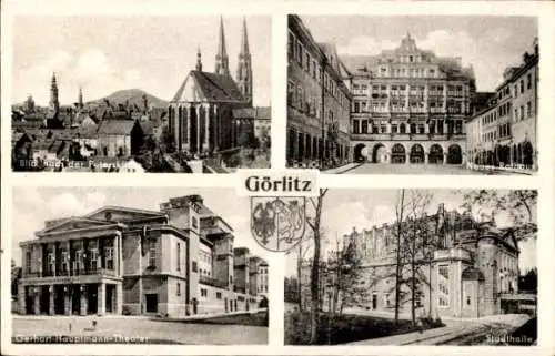 Ak Görlitz in der Lausitz, Neues Rathaus, Wappen, Peterskirche, Stadthalle, Theater