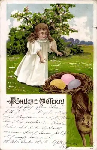 Litho Frohe Ostern, Mädchen mit einem Hasen auf Wiese, Ostereier