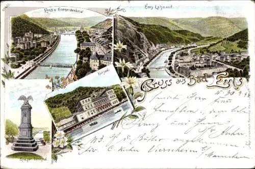 Ak Litho Bad Ems an der Lahn, Kursaal, Kriegerdenkmal, Panorama Lahnaufwärts