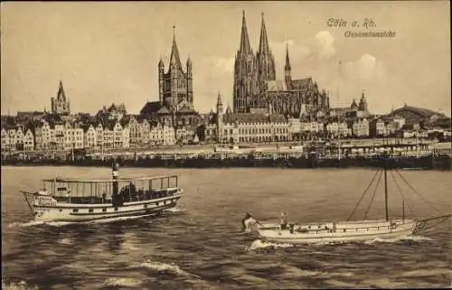 Ak Köln am Rhein, Gesamtansicht vom Rhein aus gesehen, Dom, Dampfschiff