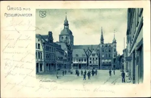 Litho Recklinghausen im Ruhrgebiet, Marktplatz, Passanten