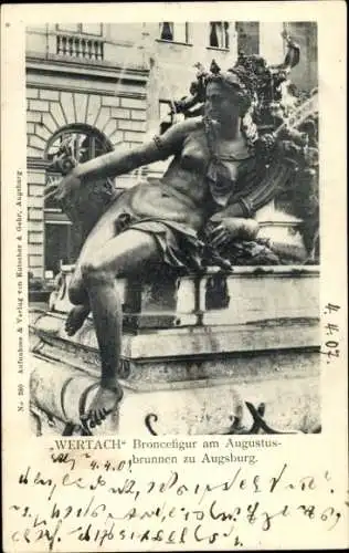 Ak Augsburg in Schwaben, Bronzefigur Augustusbrunnen