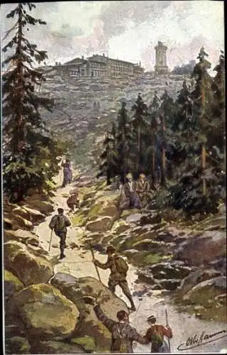 Künstler Ak Hammel, Otto, Brocken im Harz, Aufstieg zum Brockenhotel