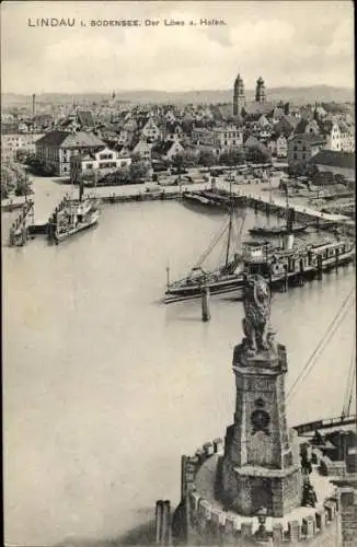 Ak Lindau am Bodensee Schwaben, der Löwe am Hafen