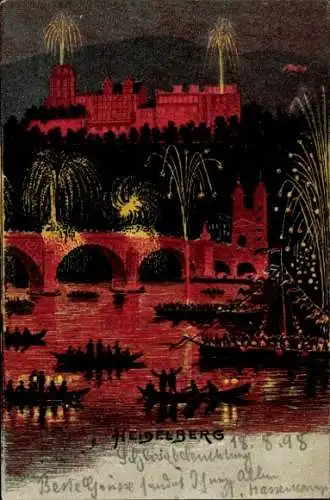 Ak Heidelberg am Neckar, Teilansicht, Schloss, Brücke, Feuerwerk, Nachtansicht