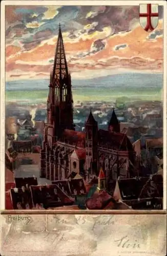 Künstler Ak Kley, Heinrich, Freiburg im Breisgau, Teilansicht, Kirche