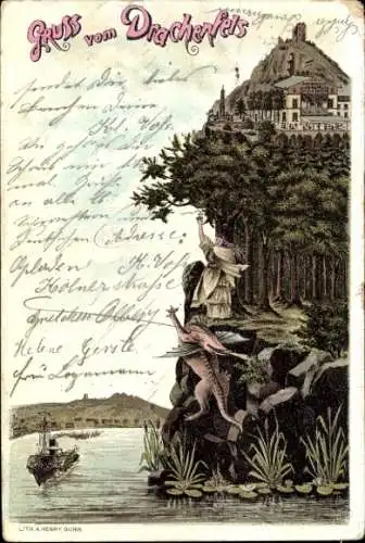 Litho Königswinter am Rhein, Burg Drachenfels, Drache, Dampfer