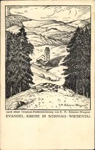 Ak Schönau im Wiesental Schwarzwald, evangelische Kirche