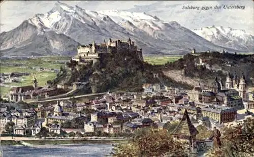 Ak Salzburg in Österreich, Festung Hohensalzburg, Panorama, Untersberg