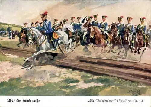 Künstler Ak Döbrich Steglitz, Über die Hindernisse, die Königshusaren, Husaren Regiment Nr. 7