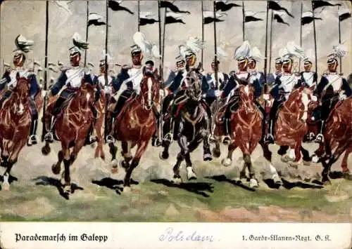 Künstler Ak Döbrich Steglitz, Parademarsch im Galopp, 1. Garde Ulanen Regiment GK, Kaiserreich