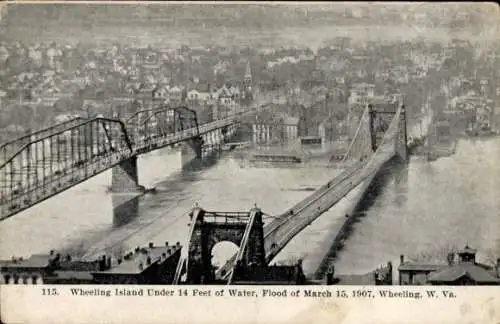 Ak Wheeling West Virginia USA, Hochwasser vom 15. März, Brücken, Stadt