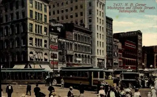 Ak Indianapolis Indiana USA, Washington und Illinois Streets, Straßenbahn