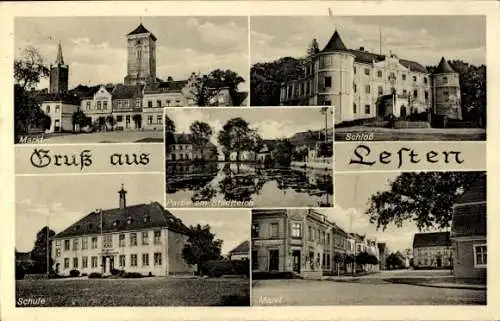 Ak Lesten Niederschlesien, Markt, Schloss, Schule, Stadtteich