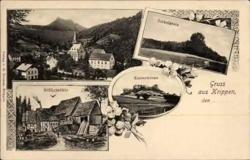 Ak Krippen Bad Schandau Sächsische Schweiz, Zirkelstein, Rölligmühle, Kaiserkrone, Ort