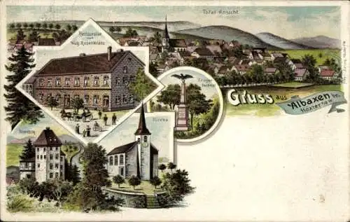 Litho Albaxen Höxter im Weserbergland, Restaurant, Kirche, Kriegerdenkmal, Gesamtansicht