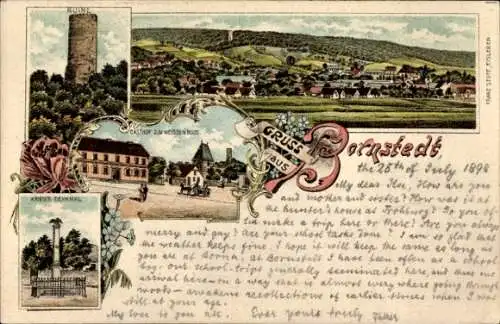 Litho Bornstedt Landkreis Mansfeld Südharz, Ruine, Gasthof zum weißen Ross, Kriegerdenkmal, Totale