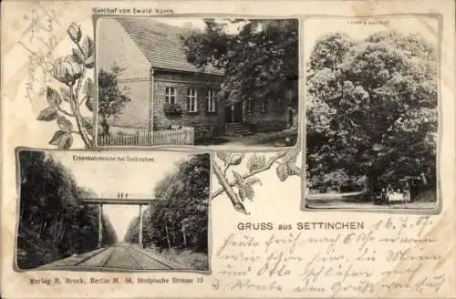 Ak Settinchen Gollmitz Calau in der Niederlausitz, Gasthof, Eisenbahnbrücke, Lindens Gasthof